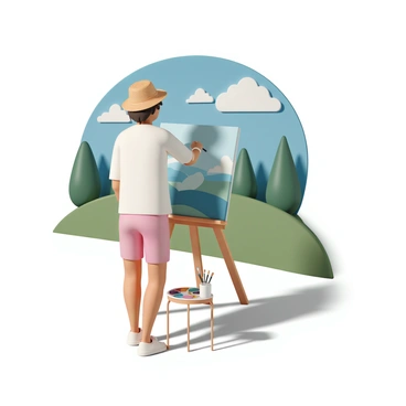 A woman, wearing a white blouse and a wide-brimmed straw hat, is standing outdoors in front of an easel. She is focused on painting a vibrant canvas that captures a scenic view. The landscape behind her features rolling green hills, tall trees, and a clear blue sky dotted with fluffy white clouds. The sunlight casts soft shadows on the ground, highlighting the colors of her surroundings. A palette filled with various paints is placed on a small table beside her, along with brushes resting in a jar.