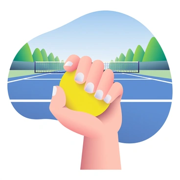A hand with light skin and well-manicured nails is gripping a bright yellow tennis ball tightly. The hand is positioned in the foreground, while a tennis court with a blue surface is visible in the background. The court features white lines marking the boundaries and a net running across the center. In the distance, there are green trees lining the edges of the court, and a clear blue sky overhead creates a vibrant atmosphere.