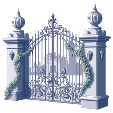 A grand entrance gate leading to a castle. The gate is made of heavy, wrought iron featuring intricate carvings of mythical creatures and floral patterns. Vines are entwined around the gate, enhancing its detailed design and giving an impression of age. The gate stands tall and imposing, framed by stone pillars that rise on either side, adorned with more carvings. The castle itself can be seen in the background, partially obscured by elegant ivy and other climbing plants.