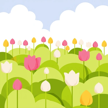 A vast field filled with "blooming lotus flowers" of various colors, including pink, white, and yellow, each flower standing tall on green stems. The lotus flowers are surrounded by broad green leaves that create a lush backdrop. A gentle breeze causes the flowers and leaves to sway slightly, adding a sense of movement to the scene. The sky above is bright blue with a few fluffy clouds, enhancing the freshness of the field.
