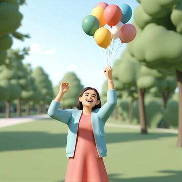 A woman, wearing a bright red dress and a light blue cardigan, is standing in a lush green park. She is smiling with joy as she releases a cluster of colorful balloons into the blue sky. The balloons are in various vibrant colors, including red, yellow, blue, and green, floating upwards. Sunlight filters through the trees, illuminating her face and the balloons, creating a festive atmosphere around her.