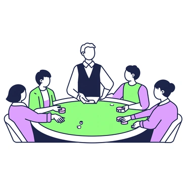 A blackjack dealer stands at the center of a semi-circular table, preparing to deal cards. The dealer has short hair and wears a crisp white shirt with a black vest. In front of the dealer, there is a green felt table surface with visible betting areas. Around the table, several players are seated, each focused on the game. The players have diverse appearances, including various hairstyles and casual clothing. Some players have chips stacked in front of them, while others are reaching for cards as they await their hands. The atmosphere is lively, filled with anticipation as the dealer begins to distribute the cards evenly.