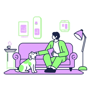 A dog is sitting faithfully beside its owner on a comfortable sofa in a cozy living room. The dog has a shiny coat and an attentive expression, looking up at the owner. The owner is casually dressed and appears relaxed, holding a book in one hand. The living room features a warm ambiance with a soft rug underfoot and a small table with a steaming cup next to the owner. There are framed pictures on the wall and a floor lamp casting gentle light in the space.