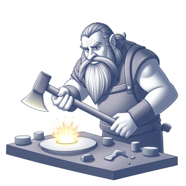 A sturdy dwarf named Gimli is intently working at a forge. He is focused on shaping a new axe, using a hammer to strike the glowing metal. The forge burns brightly, casting a warm light, while sparks fly around him as the hammer makes contact with the metal. Gimli's arms are muscular and his beard is long and braided. He is wearing a leather apron, and there are various tools scattered around him on the workbench. The atmosphere is filled with the heat and intensity of the forge.