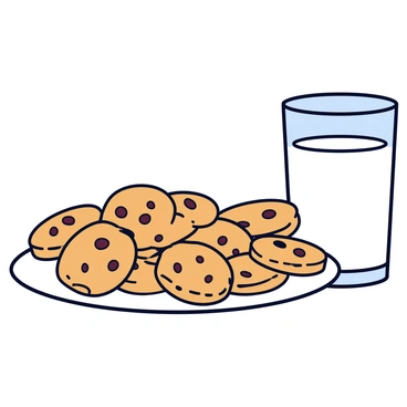 A white plate filled with a dozen freshly baked chestnut cookies, each with a golden-brown color and a slightly crinkled surface. The cookies are arranged neatly, some with chocolate chips visible on top. Next to the plate is a tall glass of milk, filled to the brim, with a smooth surface reflecting the light. The background is simple, enhancing the focus on the plate and the glass.