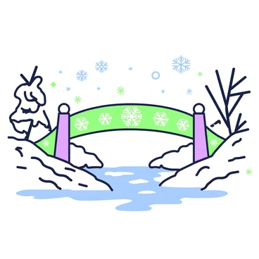 A bridge constructed from intricate snowflake patterns extends gracefully over a frozen river. The bridge features delicate, symmetrical designs made entirely of snowflakes, each unique in shape and size. Below the bridge, the surface of the river is covered with a thick layer of ice, reflecting the intricate patterns above. On either side of the riverbank, there are snow-covered trees, their branches laden with frost, adding to the winter landscape. The scene is set under a clear sky, enhancing the serene beauty of the snowy environment.