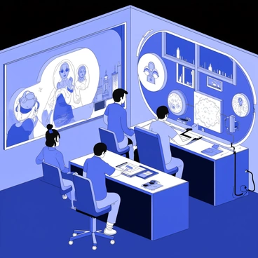 A dimly lit room is filled with multiple glowing screens. Each screen displays different cyberpunk illustrations in progress. Several digital artists are seated at sleek desks, focused on their work. One artist is using a stylus on a tablet, while another is adjusting settings on a computer. The room has a futuristic aesthetic, with various cables and tech gadgets scattered around. A large window shows a city skyline illuminated by neon lights, enhancing the cyberpunk theme.