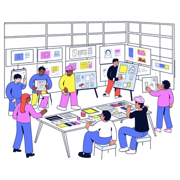 Artists collaborating on a large illustration project in a NYC studio