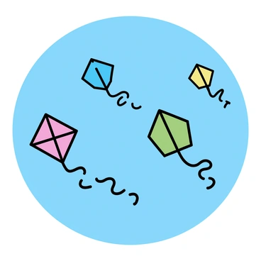 An array of colorful kites, including red, blue, yellow, and green, are soaring high in the sky. The kites are shaped in various forms, such as diamonds and rectangles, with long tails fluttering in the wind. The sky is clear and cloudless, creating a bright blue backdrop for the vibrant kites.