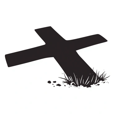 A large black shadow of a crucifix is cast on a textured white surface, creating a stark contrast. The shadow extends outward, with the arms of the crucifix stretching wide. The bright light source is positioned above and to the left, illuminating the edges of the shadow sharply. Surrounding the shadow, the light reveals some small pebbles and grass blades, adding depth to the scene.