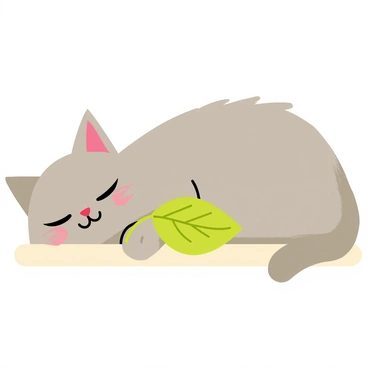 A fluffy gray cat with closed eyes is lying comfortably on a soft surface. A delicate green leaf is gently resting on the cat's nose. The cat's whiskers are slightly flared, and its ears are relaxed. The scene conveys a sense of tranquility, with the light gently illuminating the cat's fur and the leaf's intricate veins.