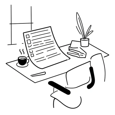 A tidy home workspace featuring a wooden desk. On the desk, there is an open questionnaire with printed lines and checkboxes. Next to the questionnaire, a steaming cup of coffee sits on a small coaster. The workspace also includes a potted plant with broad leaves and a neatly arranged stack of notebooks. A comfortable office chair is pulled up to the desk, positioned for use. Natural light streams in from a nearby window, illuminating the scene.