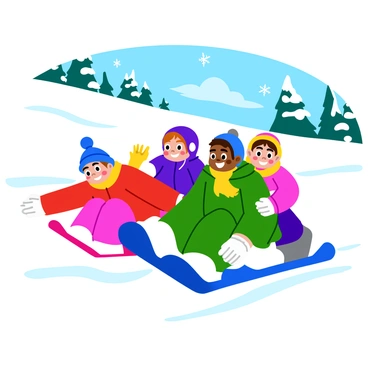 A group of four children sledding down a snowy hill. Each child has a joyful expression on their face. One child is wearing a bright red jacket and a blue hat, while another is dressed in a green coat with a yellow scarf. The third child is bundled up in a purple snowsuit, and the last one is wearing a pink jacket with white mittens. The hill is covered in thick, white snow, and there are snowflakes gently falling from the sky. In the background, there are evergreen trees dusted with snow.