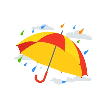 A large, open umbrella caught in the wind, twisting and turning unpredictably. The umbrella features a bright red and yellow pattern. Colorful raindrops, in shades of blue, green, and orange, fall around it. The background is filled with a cloudy sky, emphasizing the movement of the umbrella as it struggles against the gusts of wind.