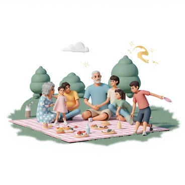 A multi-generational family sitting on a large, checkered picnic blanket in a sunlit park. The scene includes a grandmother with gray hair wearing a blue floral dress, a grandfather with a white beard in a light blue shirt and khaki shorts. A mother is wearing a yellow blouse and denim jeans, while a father is dressed in a red t-shirt and navy shorts. Two children, a girl in a pink dress and a boy in a green t-shirt, are playing nearby with a frisbee. The picnic blanket is filled with various food items such as sandwiches, fruits, and drinks, surrounded by lush green grass and a few trees in the background, with sunlight filtering through the leaves.