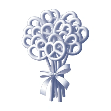 A bouquet of mini pretzels arranged to resemble flowers. The pretzels are tied together with a decorative ribbon that adds a sense of elegance. Each pretzel is positioned at varying heights, mimicking the natural arrangement of flowers in a bouquet. The ribbon gently wraps around the base of the bouquet, securing the pretzels together. The overall composition creates a whimsical and playful display.