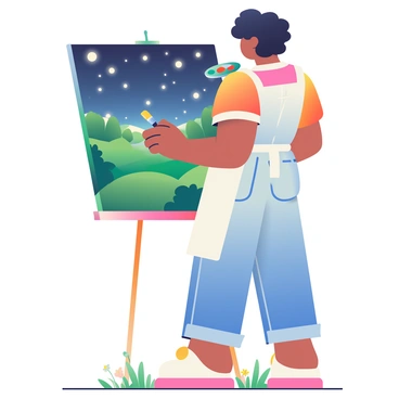 An artist with light brown skin and curly black hair is standing in front of an easel, painting a vibrant landscape filled with fireflies. The artist is wearing a white apron over a colorful shirt and blue jeans. The canvas displays a beautiful night scene, with a dark blue sky dotted with glowing fireflies. In the background, there are lush green trees and rolling hills illuminated by the soft light of the fireflies. The artist holds a paintbrush in one hand and a palette filled with various colors in the other, focusing intently on the canvas. The ground beneath the artist's feet is covered with soft grass and wildflowers.