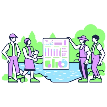 A group of ecologists is gathered by the bank of a river, engaged in examining the ecosystem. They are wearing field gear, including vests and hats, and are equipped with various scientific tools such as water sampling bottles and notebooks. In the center of the scene, a large poster is displayed, illustrating water quality metrics with graphs and charts. The poster features multiple sections detailing parameters such as pH, turbidity, and nutrient levels. Behind the group, the river flows gently, surrounded by lush vegetation and trees, creating a vibrant natural backdrop.