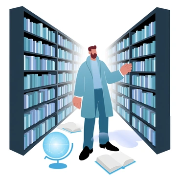 A figure resembling Rimbaud is standing among towering shelves filled with various books. The shelves are made of dark wood and are densely packed, creating an immersive atmosphere. Soft light filters through the library, casting gentle shadows on the floor. The figure is dressed in period-appropriate attire, with a coat and a scarf. Several open books are scattered around at the figure's feet, adding to the scholarly environment. A large ornate globe is located nearby, enhancing the sense of exploration and knowledge in the space.