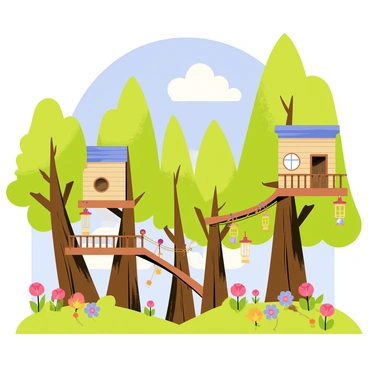 A picturesque elf village nestled among tall green trees. The village features multiple treehouses made of wood, each with round windows and balconies. Rope bridges connect the treehouses, swaying gently between the trees. The ground is covered in soft moss and colorful flowers bloom around the bases of the trees. Small lanterns hang from the branches, illuminating the village with a warm glow. In the background, the sky is a bright blue with fluffy white clouds.