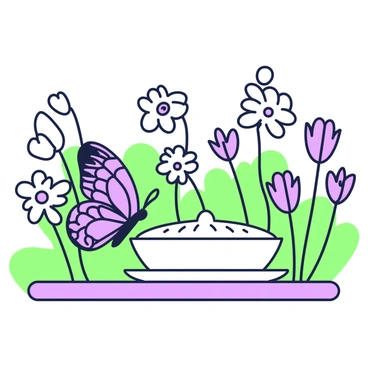 A butterfly is landing delicately on a butter dish placed on a wooden table in a garden. The butterfly has intricate patterns on its wings, showcasing a mix of shapes and lines. The butter dish is white with a carved lid, gleaming softly in the sunlight. Surrounding the table is a variety of flowers, each displaying unique shapes and forms, including tall stalks and rounded petals. The flowers create a vibrant setting with their arrangements, filling the space with lively energy. In the background, green leaves add depth and contrast to the floral scene.