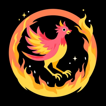 A phoenix with vibrant red and gold feathers is gracefully dancing in a circular ring of bright orange and yellow flames. The wings of the phoenix are outstretched, highlighting intricate patterns in its plumage. The flames are swirling and flickering, casting dynamic shadows around the phoenix. Sparks and embers are flying from the fire, enhancing the sense of movement and magic. The background is dark, allowing the fiery colors of the ring and the phoenix to stand out vividly.