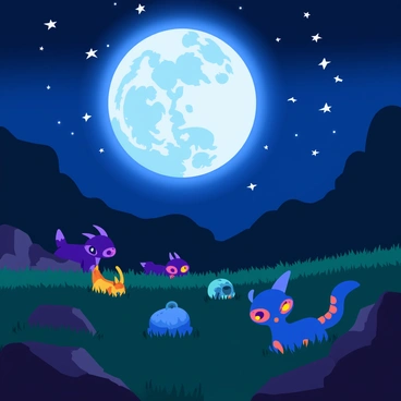 A moonlit night with a large, glowing moon casting silvery light across a landscape. The sky is filled with numerous twinkling stars, creating a dazzling backdrop. In the foreground, various mysterious creatures with glowing eyes are peeking from behind tall grass and rocky outcrops. Some creatures have fur that blends with the night, while others are adorned with shimmering scales. Shadowy silhouettes of trees surround the scene, adding to the atmosphere of intrigue.