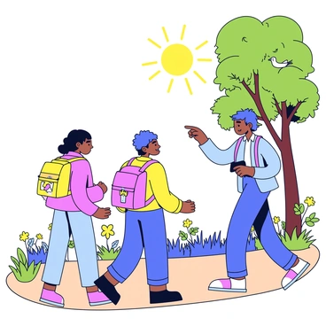 A group of three students and a teacher are walking along a forest trail. The students are wearing colorful backpacks and have binoculars hanging around their necks. The teacher is pointing towards a tall tree with green leaves. Sunlight filters through the branches above, creating a dappled light effect on the ground. In the background, there are various plants and wildflowers growing along the path. A couple of birds can be seen perched on a nearby branch.