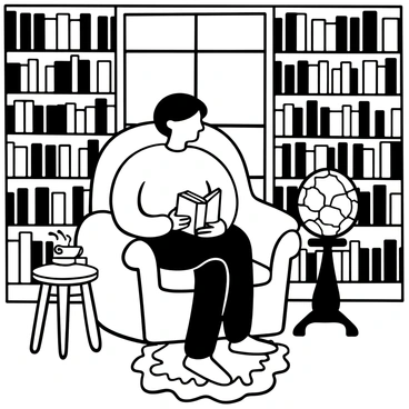 A man named "Adam" is seated in a plush armchair with a book in his hands. The library features towering bookshelves filled with numerous books. Soft light filters through a nearby window, casting gentle shadows. A small wooden side table holds a steaming cup of tea next to the armchair. There is a woven rug beneath Adam's feet, and a small globe on a pedestal stands in the corner of the room.