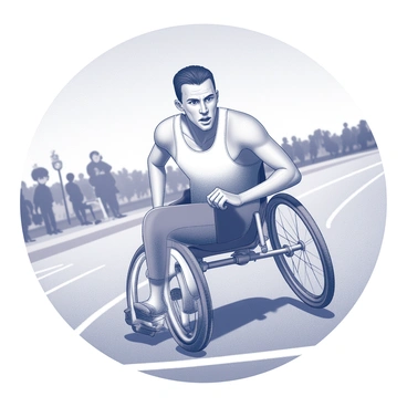 A determined athlete in a racing wheelchair is on a circular track. The athlete has a focused expression, with sweat glistening on their forehead as they propel themselves forward. The wheelchair features large, thin racing wheels. The background shows a clear blue sky, indicating a bright day with few clouds. The track is marked with white lines, and there are faint outlines of spectators in the distance, cheering.