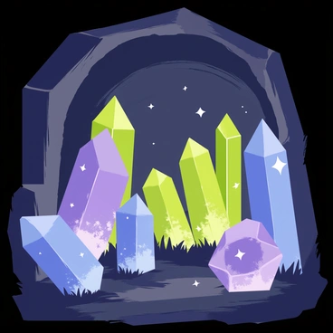 A hidden chamber with large, jagged crystals in various shapes and sizes. The crystals are translucent and emit a soft, inner light in shades of blue, green, and purple. The glowing crystals cast colorful, intricate shadows on the stone walls of the chamber. The floor is covered in dark moss, adding a natural element to the scene. Subtle sparkles of light from the crystals create a magical atmosphere within the chamber.
