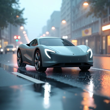 A sleek, modern car outline, featuring sharp angles and a streamlined design, is seen driving down a rain-soaked street. The body of the car is rendered in a glossy finish, enhancing its sleek silhouette. Raindrops are visible, creating splashes as they hit the pavement. The wet road reflects the glowing streetlights and the outline of the car, creating a vibrant play of colors. Puddles gather on the asphalt, mirroring the car's outline and the surrounding urban scenery. A misty atmosphere envelops the scene, adding a layer of depth to the overall composition.