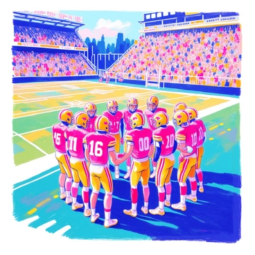 A football team is huddled together on the field, surrounded by a vibrant stadium filled with cheering fans. The players are wearing matching jerseys and helmets, their faces focused and determined. One player is seen gesturing with his hands, leading the team in discussion. The grass of the field is freshly cut, and bright stadium lights illuminate the scene. In the background, the stands are packed with enthusiastic spectators waving banners and wearing team colors. The atmosphere is electric as the team prepares for the kickoff.