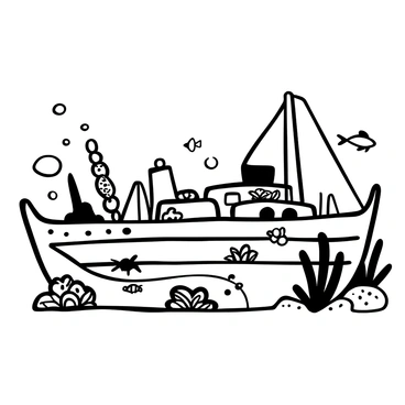 A sunken ship resting on the sandy bottom of a shallow bay, partially covered in coral formations and seaweed. Various marine life, including small fish and a sea turtle, swim around the shipwreck. The hull of the ship is visible, with barnacles attached to its surface. Bubbles rise from the areas where water currents gently pass over the structure. Sunlight filters through the water, casting patterns on the sandy floor.