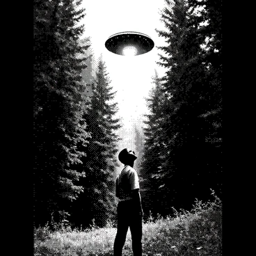 An individual stands in a dense forest, surrounded by tall trees and thick foliage. The person is looking up, their face reflecting a mix of awe and curiosity. Above them, a bright light descends from a UFO, which is partially visible in the sky. The UFO has a sleek, metallic surface and emits a strong white light. Sunlight streams through the tree canopy, creating a contrast between the shadows of the forest and the illumination from the UFO. The ground is covered with fallen leaves and small plants, adding to the natural setting.