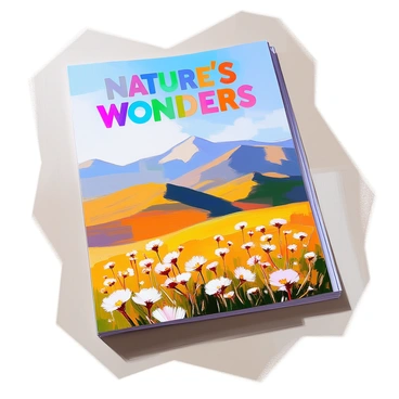 A vibrant magazine cover showcasing a breathtaking landscape photograph featuring a sweeping view of rolling hills bathed in golden sunlight. The foreground displays a lush meadow dotted with colorful wildflowers, while the background reveals majestic mountains under a clear blue sky. In the upper portion of the cover, bold typography announces the magazine's title "Nature's Wonders" in striking colors that complement the photograph. The overall composition is eye-catching and inviting, drawing viewers into the serene beauty of the landscape.