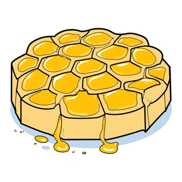 An intricate hexagonal pattern of honeycomb cells, each filled with glistening golden honey that is shiny and slightly viscous. The honey glows with a warm hue, reflecting light in various places as it pools in the bottom of the cells. The edges of the honeycomb have a textured appearance, showcasing the natural beeswax color and small imperfections. Surrounding the honeycomb, there are tiny specks of pollen and a few delicate drops of honey that have spilled onto a smooth surface below.