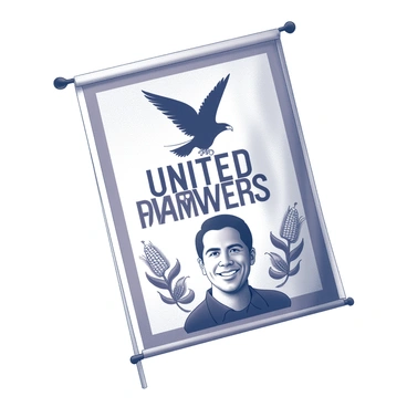 A banner displayed prominently features the "United Farm Workers" symbol at the center. The symbol depicts a black eagle with outstretched wings, signifying strength and struggle. Surrounding the symbol are various elements, including agricultural motifs like stalks of corn and grapevines. Below the emblem is a smiling portrait of "Cesar Chavez" with distinct facial features, capturing his kind expression and unwavering spirit. The banner is designed to convey a message of unity and perseverance within the context of labor rights.