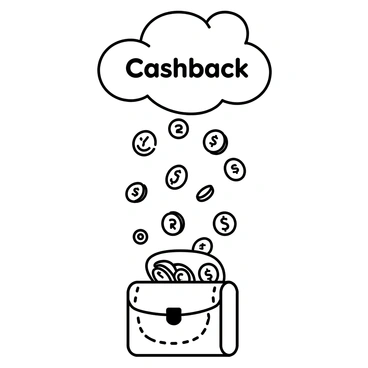A cloud labeled "Cashback" is floating in the air, with coins raining down from it. The coins are various sizes, depicting intricate designs and details. Below the cloud, an open purse is positioned to catch the falling coins. The purse is detailed with stitching and has a clasp that is slightly ajar. The coins are cascading into the purse, creating a dynamic scene of abundance.
