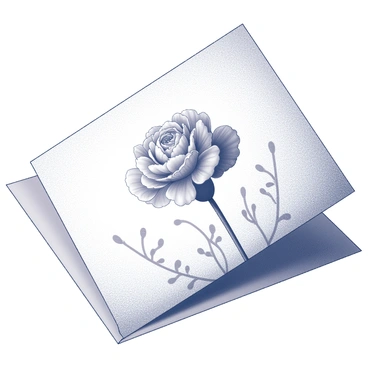 A handmade greeting card lies flat on a textured surface. The cover features an intricately drawn carnation, showcasing its layered petals with fine details. The flower appears in full bloom, emphasizing its delicate structure. Surrounding the carnation are subtle decorative flourishes that enhance its elegance. The card's edges are slightly frayed, highlighting its handmade quality. The overall composition draws attention to the beauty of the carnation as the focal point.