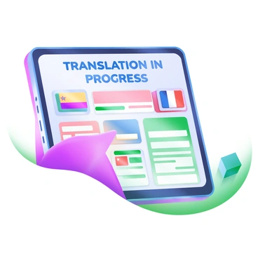 A modern pastel illustration of an app interface displaying the words "Translation in Progress" in bold blue letters at the top. Below the main text, there are boxes with flags representing different languages, including a Spanish flag, a French flag, a Chinese flag, and a German flag. Each box has a visual representation of text being translated, with lines of text in various languages appearing inside them. The background is a soft gradient, enhancing the focus on the app interface.
