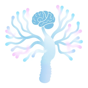 An illustration of the human nervous system with a detailed depiction of the brain at the top center. The brain is intricately designed with visible folds and structures. Branching nerves extend from the brain, fanning out throughout the body in a complex network. These nerves are represented in a gradient of pastel colors, flowing smoothly to depict the connections between the brain and spinal cord. The spinal cord is positioned vertically, with nerves branching off to represent limbs and organs. The overall composition emphasizes the intricate layout of the nervous system.
