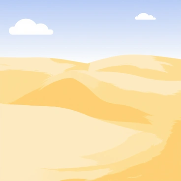 A vast expanse of rolling sand dunes with soft, undulating curves and subtle ridges. The sand is a warm golden color, creating a smooth texture across the landscape. A bright, clear blue sky stretches overhead, dotted with a few fluffy white clouds. Gentle shadows cast by the dunes create a pattern of light and dark across the surface of the sand, emphasizing the depth and contours of the landscape.