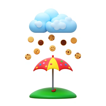 A sky filled with fluffy clouds, with vibrant, colorful cookies falling from above. The cookies vary in shape and design, including chocolate chip, sugar, and rainbow sprinkles. Below, an open umbrella with a bright pattern catches the falling cookies, positioned on a grassy surface. The scene captures the whimsical nature of the cookie rain, with each cookie clearly visible as it descends toward the umbrella.