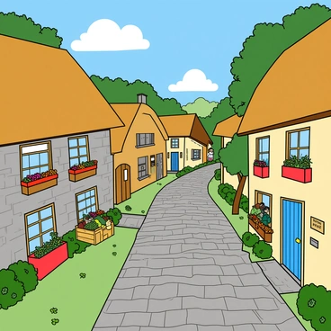 A charming village scene featuring narrow cobblestone streets winding through the area. The streets are flanked by quaint cottages, each with a thatched roof and colorful flower boxes beneath the windows. Some cottages have stone walls while others are painted in cheerful pastel colors. A few villagers can be seen walking along the street, one is carrying a basket filled with fresh produce. Lush greenery surrounds the cottages, with trees and small shrubs adding to the picturesque village atmosphere. A clear blue sky and fluffy white clouds complete the tranquil setting.