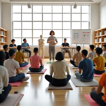 A diverse group of citizens gathered inside a public library, engaged in a first aid class. The room is filled with bright, natural light coming through large windows. Participants include individuals of various ages and ethnicities, all wearing casual clothing. In the center of the room, a certified instructor, a middle-aged woman with short brown hair, demonstrates CPR on a mannequin. Several participants are sitting on mats on the floor, attentively watching and taking notes. Along the walls, shelves filled with books and first aid materials are visible. A large whiteboard displays important first aid guidelines and diagrams.