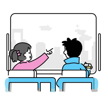 Two children are sitting by a window in a moving subway train. One child, a boy with short black hair, is wearing a blue jacket and holding a small toy car. The other child, a girl with long brown hair tied in pigtails, is wearing a bright red sweater and pointing excitedly outside. The window shows a blurred view of city buildings and trees passing by, while the interior of the train features metallic poles and seats in muted colors, emphasizing the children’s fascination with the scenery.