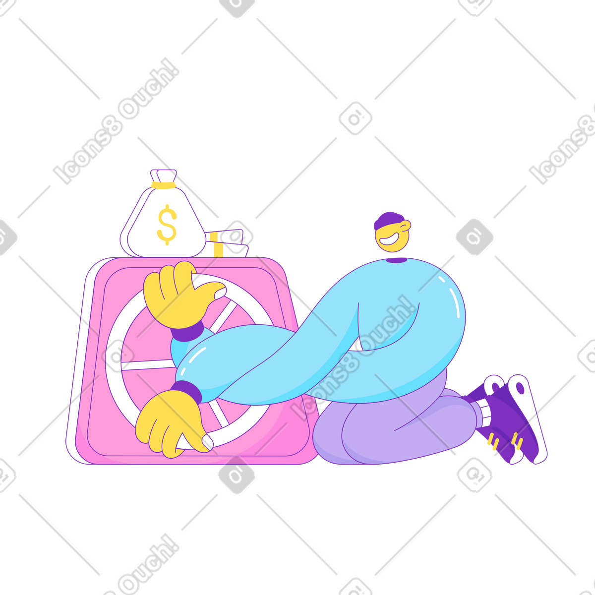 Illustration Guy ouvrant un coffre-fort avec de l'argent dans le style Elastic à télécharger aux formats PNG, SVG