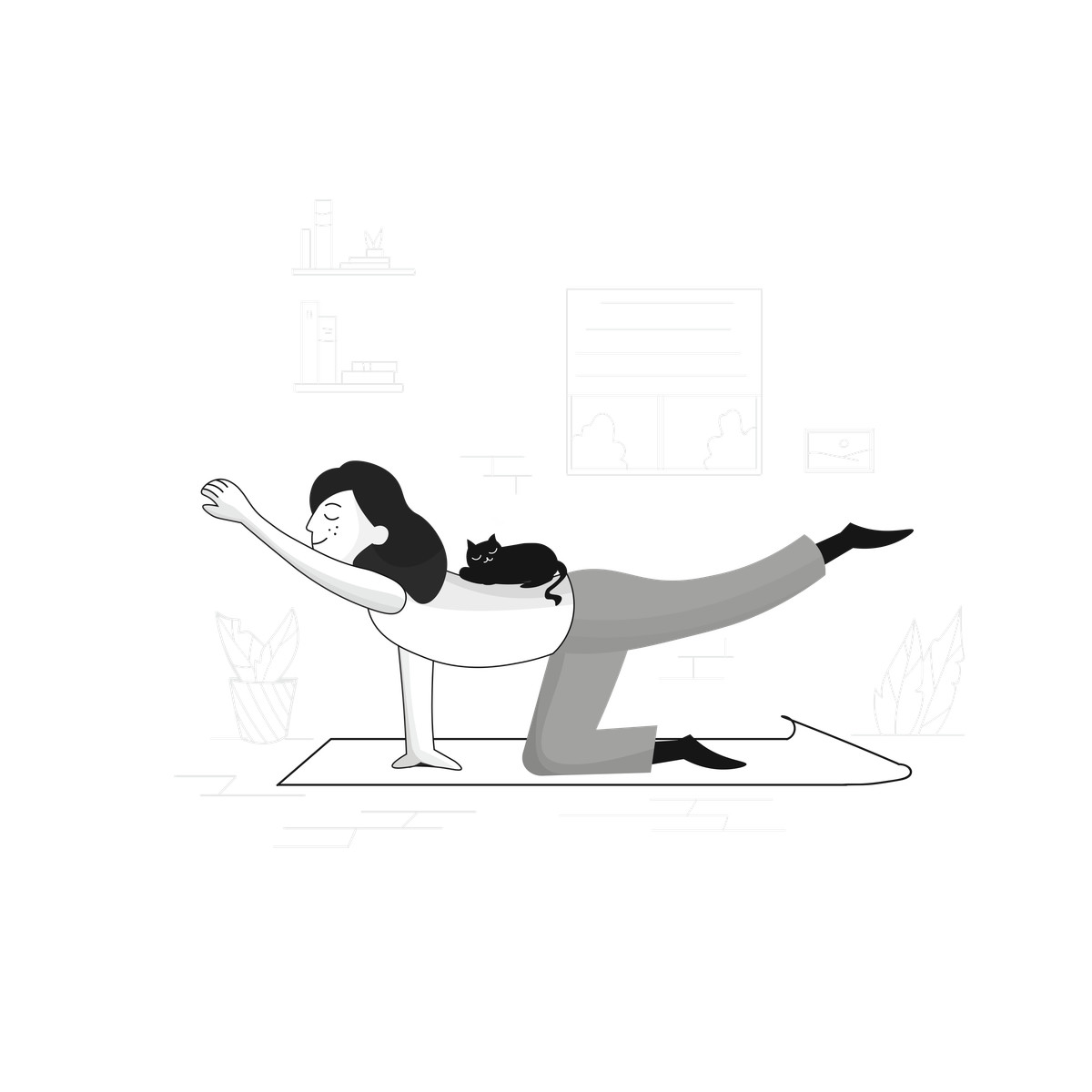 Ilustración Home yoga session with pet, Self-care and relaxation en estilo Pixeltrue a descargar en PNG y SVG