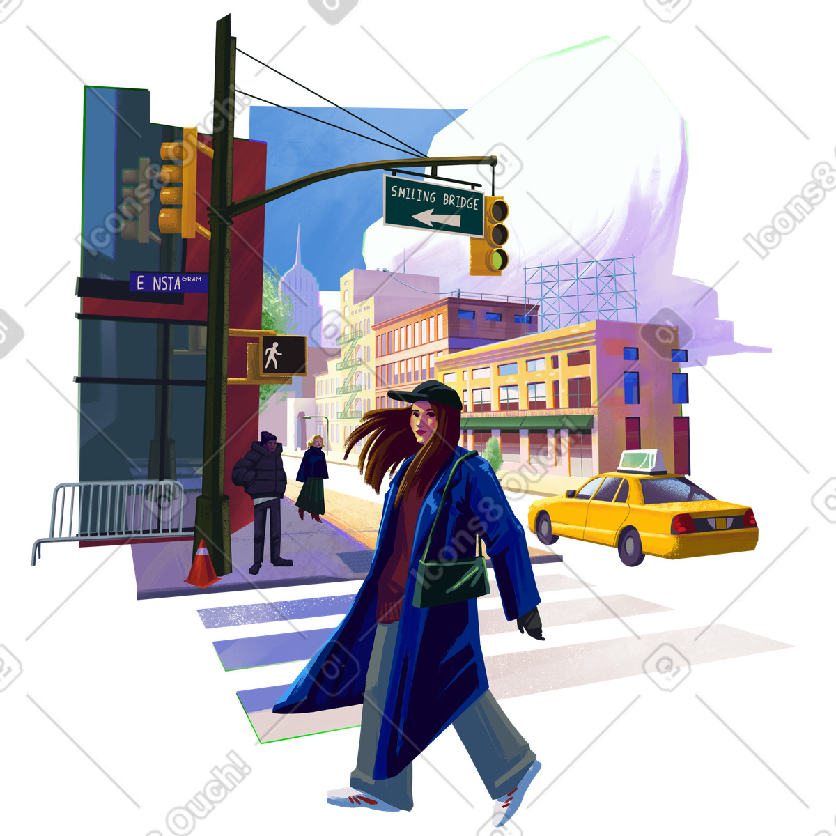 Woman crossing a road at crosswalk illustration in Lush style download in PNG, SVG